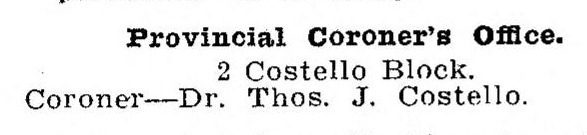 Directory line for the Provincial Coroner's Office in the Costello Block