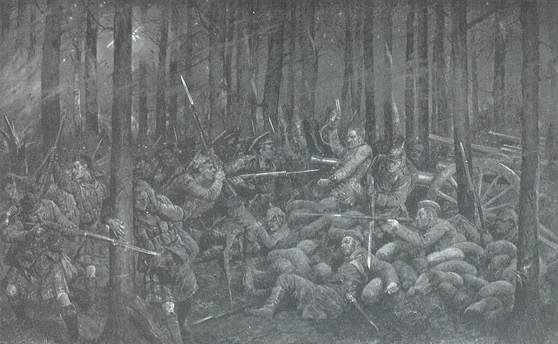 Illustration of a night infantry attack at Kitcheners Wood, 1915