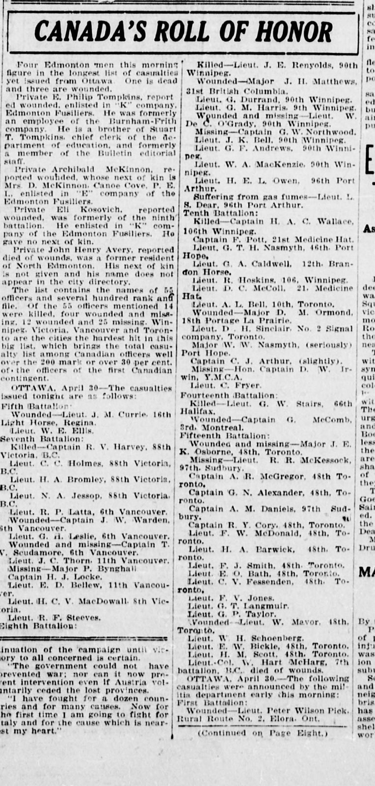 Canada's Roll of Honor, Edmonton Daily Bulletin, May 1, 1915, page one