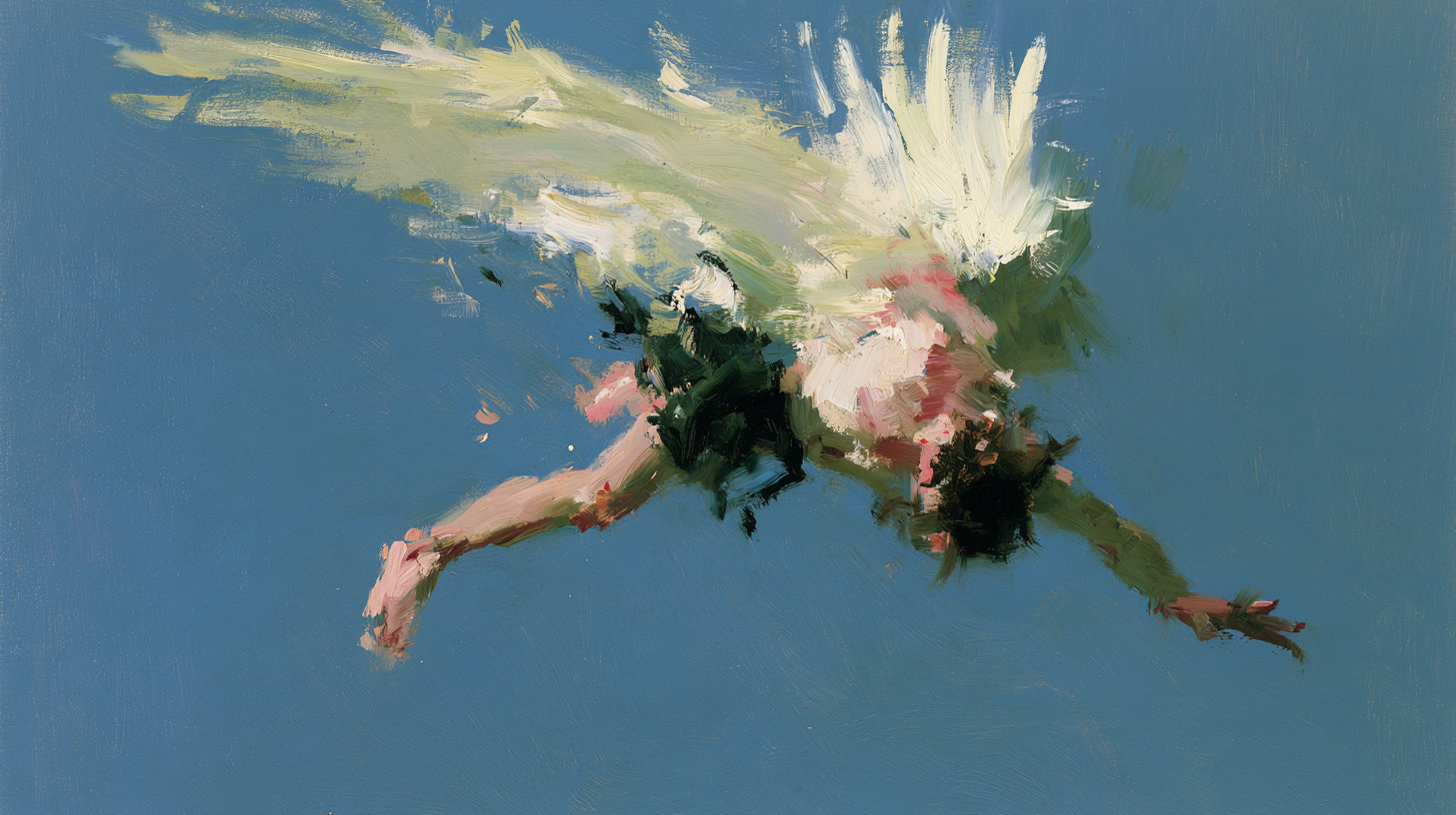 An impressionist painting of Icarus falling through a blue sky with white feathers scattering behind him.