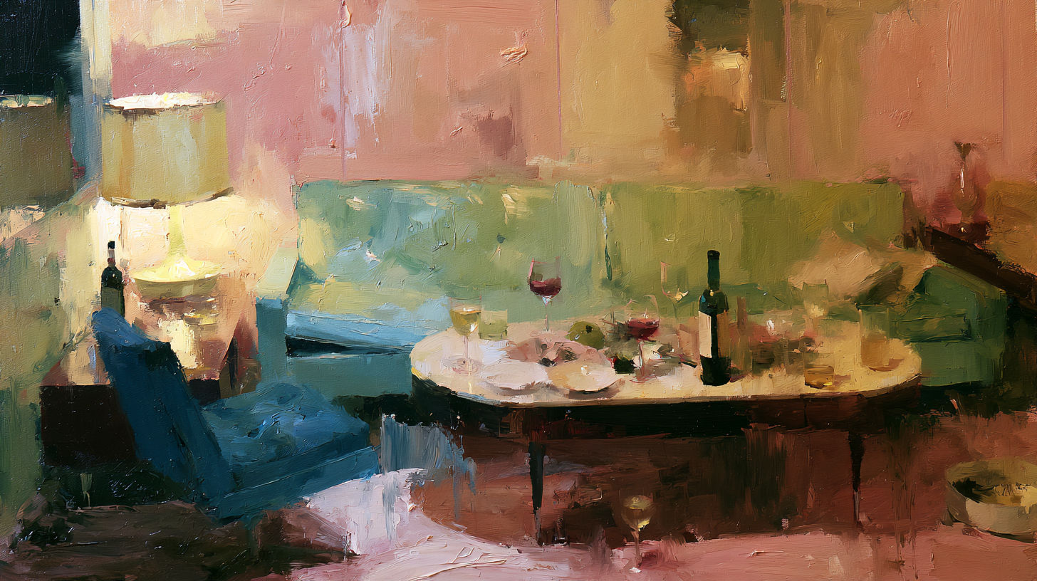 Oil painting of a rumpled 1950s bachelor pad after an evening of wine and conversation.