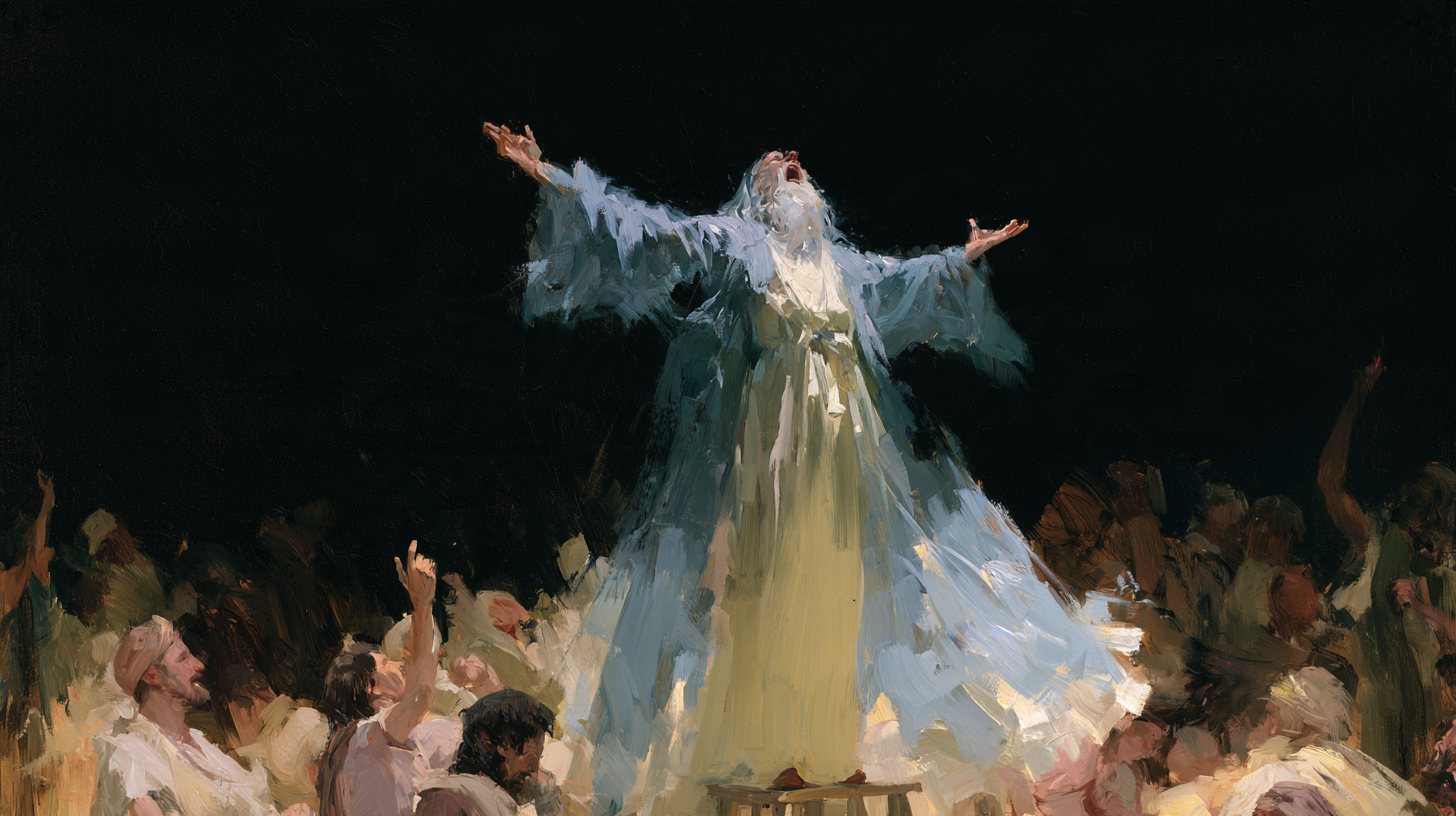 An impressionist painting of a white-robed wizard addressing a crowd with his arms raised.
