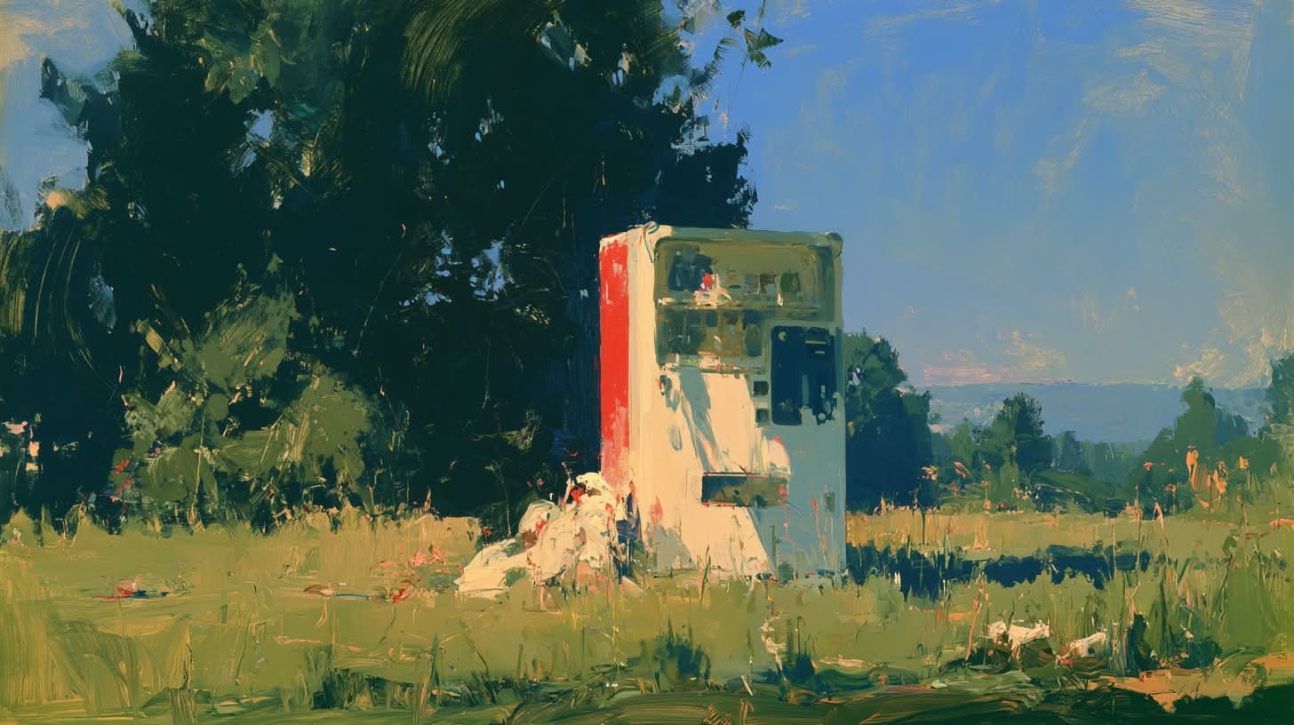 An impressionist painting of a solitary vending machine standing in a sunlit grassy clearing.